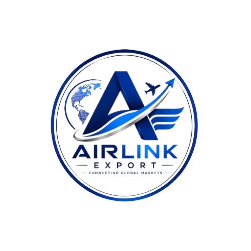 Airlink Export company logo featuring a blue globe, aircraft, and stylized letter A symbolizing international export, global logistics, freight forwarding, and worldwide trade solutions.